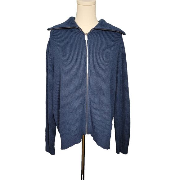 J. Jill Sweater L Navy Blue Zip Cardigan Sweater Collared Cotton Blend Women's - Picture 1 of 14